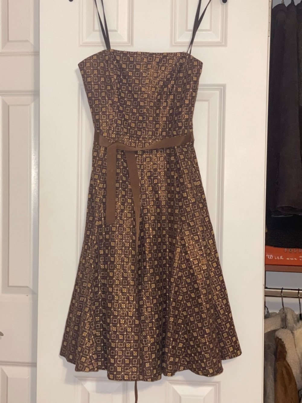 BCBGMaxAzria Brown Strapless A-Line Dress with Waist Sash
